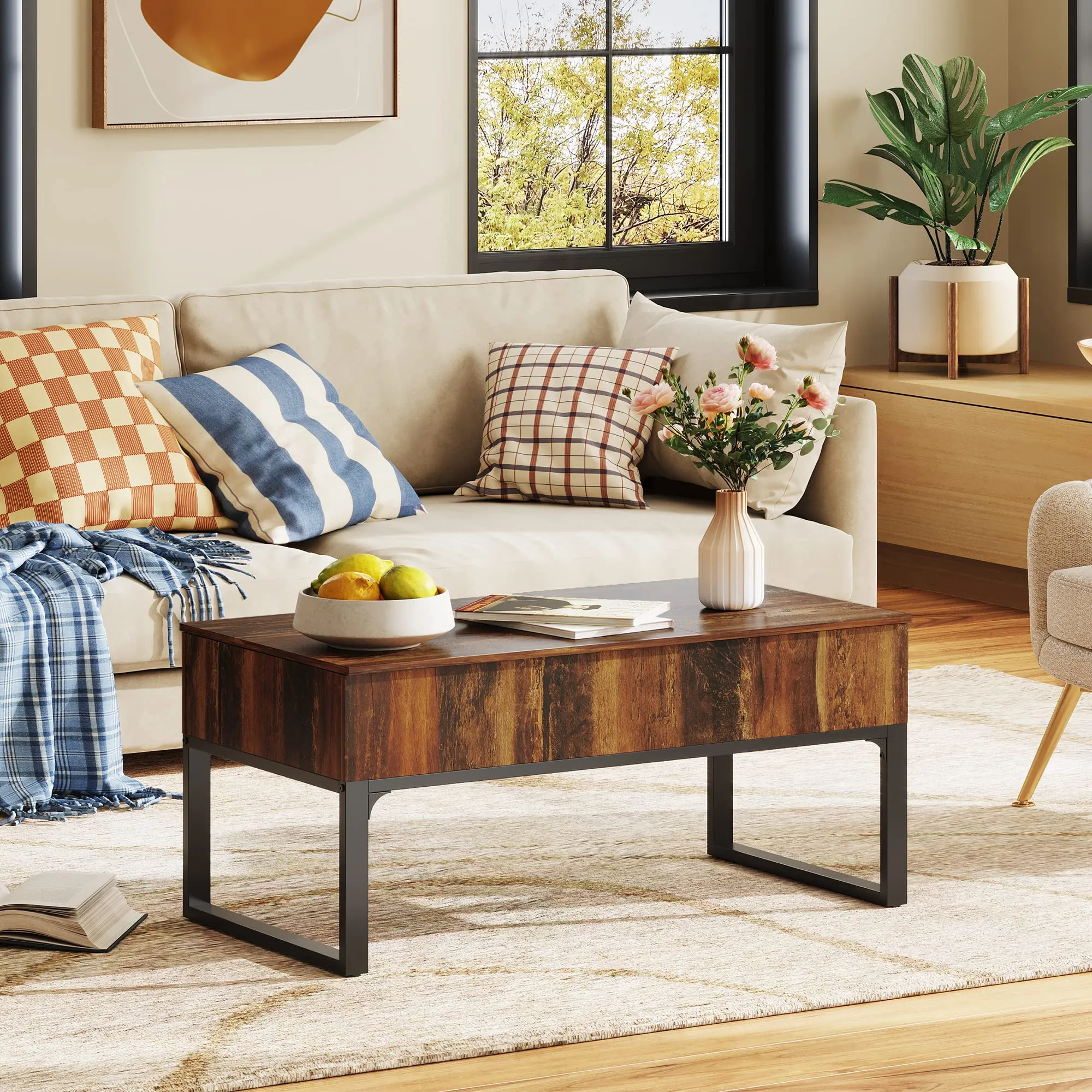 WLIVE Lift Top Coffee Table for Living Room,Modern Wood Coffee Table with Storage,Hidden Compartment and Drawer for Apartment,Home,Retro Brown.