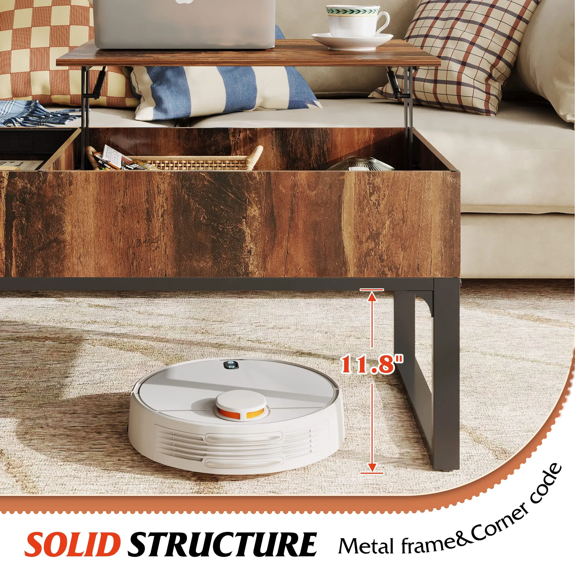 WLIVE Lift Top Coffee Table for Living Room,Modern Wood Coffee Table with Storage,Hidden Compartment and Drawer for Apartment,Home,Retro Brown.