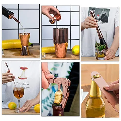 X-cosrack Bar Set |19-Piece Rose Gold Home Cocktail Shaker Set | Stainless Steel Bar Tools with Rotating Stand | Bartender Kit for Professional and Beginners